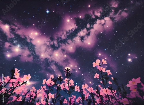 Pink simple cute delicate flowers with galaxy space background  floral galaxy background 