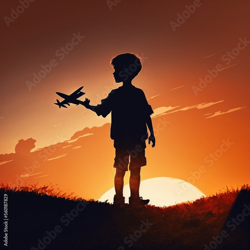 Silhouette of a boy playing with a toy plane. Generative AI.