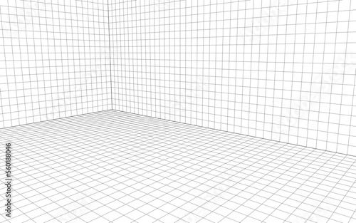 Fototapeta Naklejka Na Ścianę i Meble -  perspective grid worksheet with wall and floor wireframe for interior design. 3d view of a room corner. black lines mesh