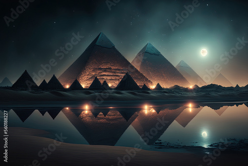 Pyramids and river in the Egyptian desert at night. Generative AI