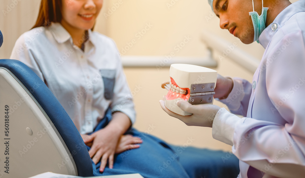 Obraz premium The dentist pointed out the dental model to explain the patients for examination and dental care at the clinic. Dentist tools and equipment