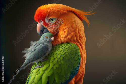 A ginger cat is seen in a close up with a parrot perched on its back. Generative AI © 2rogan