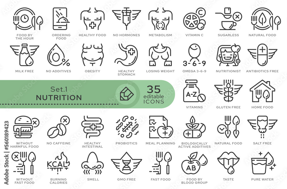 Set of conceptual icons. Vector icons in flat linear style for web sites, applications and other graphic resources. Set from the series - Nutrition. Editable outline icon.	
