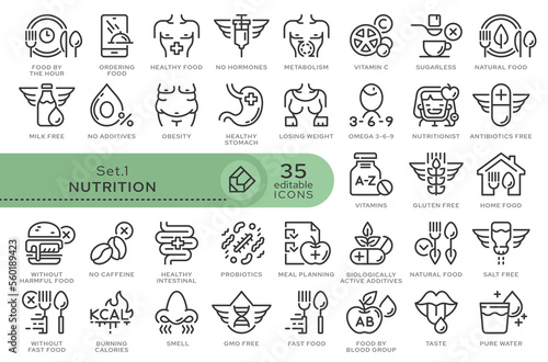 Set of conceptual icons. Vector icons in flat linear style for web sites  applications and other graphic resources. Set from the series - Nutrition. Editable outline icon.  