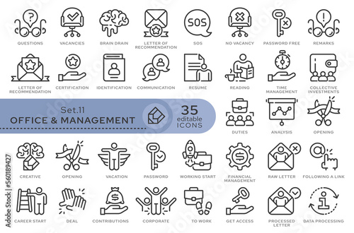 Set of conceptual icons. Vector icons in flat linear style for web sites, applications and other graphic resources. Set from the series - Office and Management. Editable outline icon. 