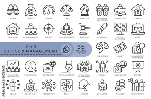 Set of conceptual icons. Vector icons in flat linear style for web sites, applications and other graphic resources. Set from the series - Office and Management. Editable outline icon. 