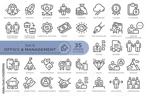 Set of conceptual icons. Vector icons in flat linear style for web sites, applications and other graphic resources. Set from the series - Office and Management. Editable outline icon. 