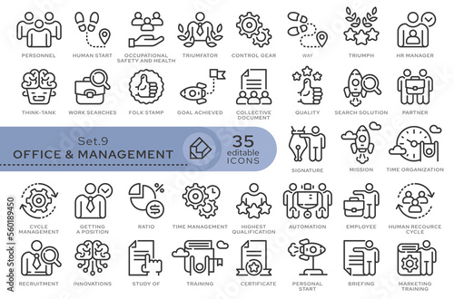 Set of conceptual icons. Vector icons in flat linear style for web sites, applications and other graphic resources. Set from the series - Office and Management. Editable outline icon. 