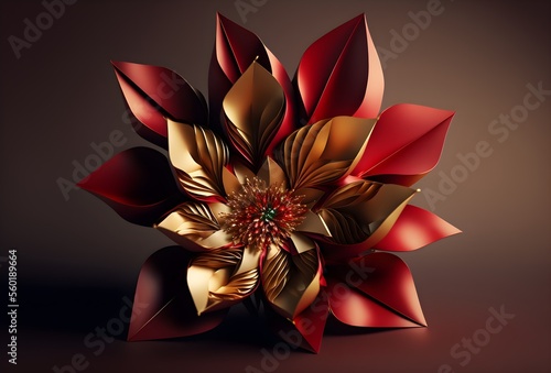 3D render, red gold flower, chinese lunar new year, Generative AI