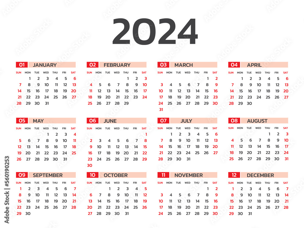 Calendar 2024 year vector illustration, Set of 12 calendar, week starts