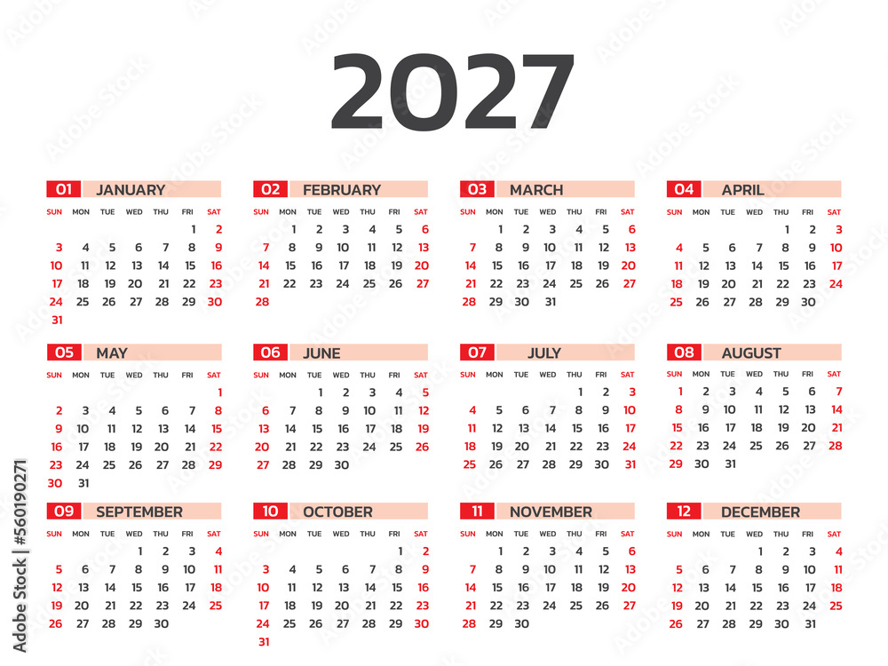 Calendar 2027 year vector illustration, Set of 12 calendar, week starts on Sunday, Simple planner template, desk calendar 2027 year, wall calendar 2027 template, print media, Business template vector - obrazy, fototapety, plakaty 