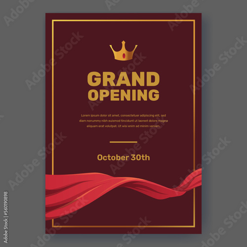 grand opening invitation poster with red drapery fabric silk cartoon element luxury brand