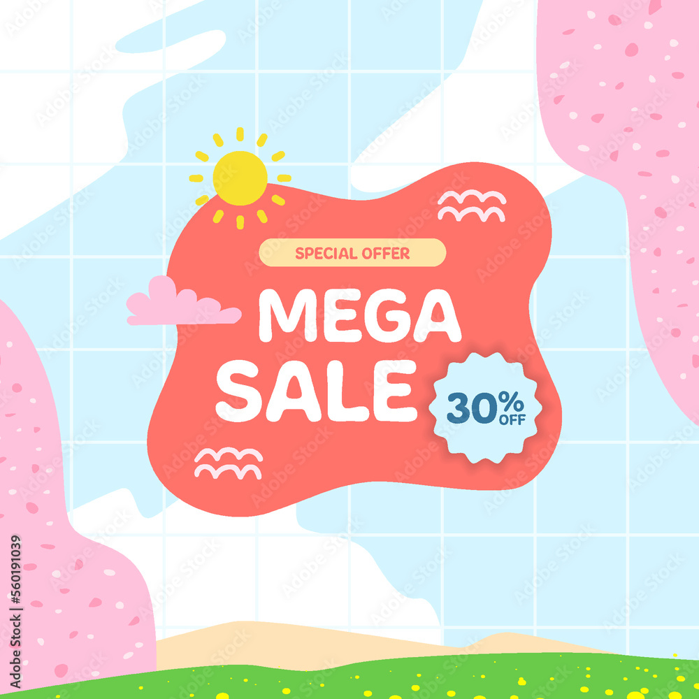 Obraz premium mega sale offer discount promotion square banner for kid children playful kawaii korean style element