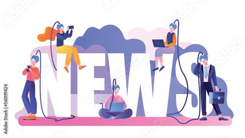 Fake news concept. Search for information and knowledge on Internet and mass media. People check facts metaphor. Poster or banner for website. People with lettering. Cartoon flat vector illustration