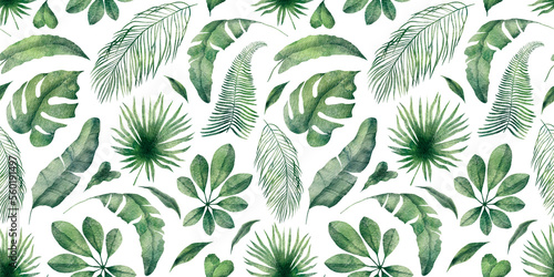 Watercolor tropical seamless pattern: botanical leaves © Александра Низенко