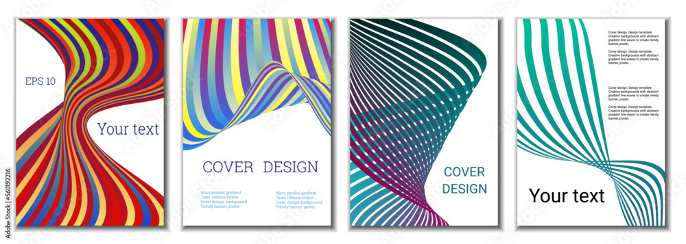 A set of 4 abstract covers. Wavy parallel gradient lines, ribbons evolve. Cover design, background. Trendy banner, poster. A set of 4 abstract covers. Wavy parallel gradient lines, ribbons evolve. Cover design, background. Trendy banner, poster.