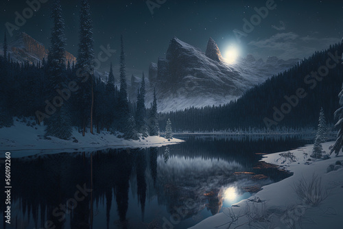 Nighttime scene of a frozen lake and fir trees in a winter environment with mountains and forest. Generative AI © 2rogan