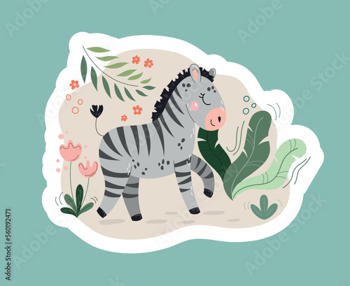 Tropical zebra sticker. Jungle predator, wild life. Exotic animal in jungle among plants of flowers. Fauna and flora. Reaction for messengers and social networks. Cartoon flat vector illustration