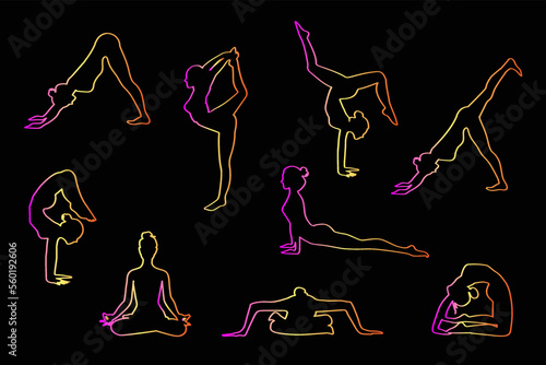 Silhoettes of slim sportive  women doing yoga or fitness exercises on black background.