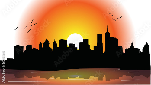 vector illustration of city scenery at sunset in the evening Pro Vector