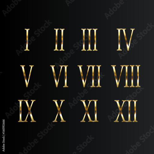 Gold Roman Numerals set. Elegant ancient number golden luxury math for templates and counting.