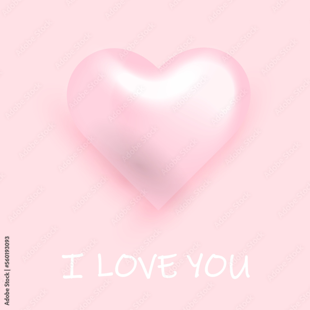 Pink heart. Text of love. Vector realistic 3d object. Happy valentines day, women day holiday, dating invitation, wedding or marriage greeting card design. Vector romantic