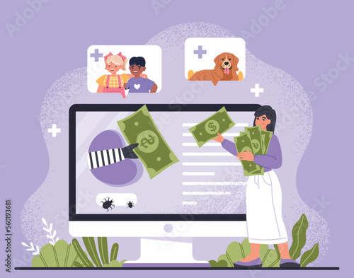 Fake donation concept. Woman gives banknotes to fraudster, extortion and crime. Hacker and criminal. Untrusted fund and volunteering. Person tranferring, charity. Cartoon flat vector illustration