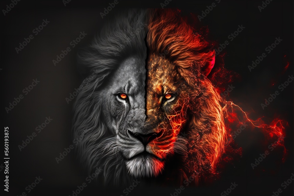 Lion King in Fire, Wild Animal, Portrait on Black Background. Generative Ai