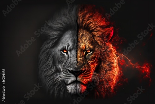 Stampa su tela Lion King in Fire, Wild Animal, Portrait on Black Background