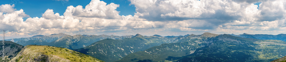 Panorama banner background of Rila Mountains, Bulgaria mountains peaks.