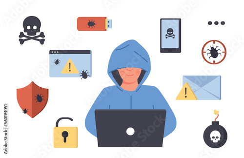 Set of hacker icons. Collection of graphic elements for website. Scammer with gadgets and devices. Internet danger and viruses. Cartoon flat vector illustrations isolated on white background
