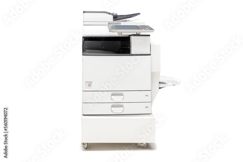 Isolated office multi function laser printer scanner on white background.