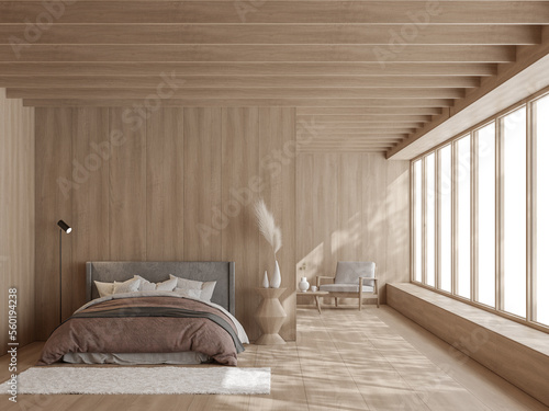 Fototapeta Naklejka Na Ścianę i Meble -  Modern contemporary bedroom living room interior with all wooden material 3d render with large windows natural light shines into the room.