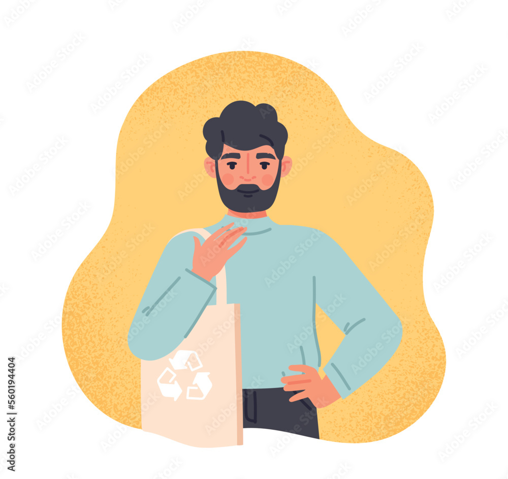 Man with eco bag. Young guy with recycled and reused materials. Volunteer and activist, reducing release of harmful waste into atmosphere. Cartoon flat vector illustration