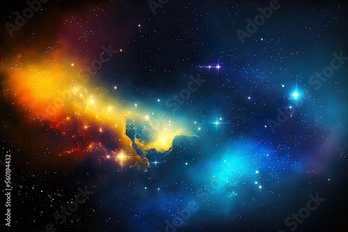 Horizontal galaxy background with blue and yellow colored stars. Generative AI