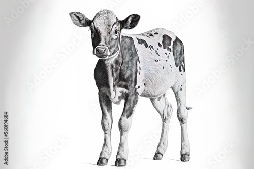 Standing calf in shadow, hand drawn in , isolated on white backdrop. Baby cow stock drawing in black and white. Generative AI photo