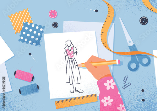 Fashion designer concept. Young girl draws sketch with pencil. Creative personality, fashion and style. Elegance and aesthetics. Atelier and tailoring metaphor. Cartoon flat vector illustration