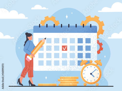 Financial bill payment calendar. Woman planning schedule. Financial literacy and economics. Poster or banner. Budgeting and calculation of income and expenses. Cartoon flat vector illustration