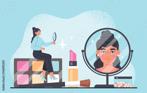 Make up artist concept. Woman with mirror sits on cosmetics. Powder and lipstick, beauty care. Poster or banner for website. Elegance and aesthetics, fashion. Cartoon flat vector illustration