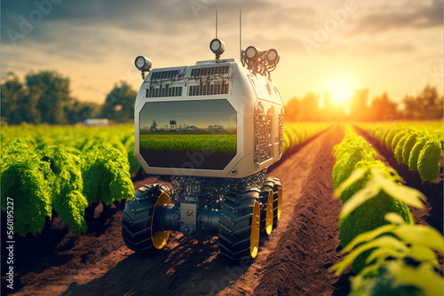 Futuristic farming automation using advanced machines with robotic arm to spray fertilizer on field, increases efficiency and crop yield, as well as reduces labor costs, generation AI photo