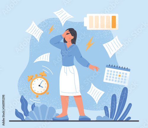 Overwhelmed woman concept. Young girl with low energy next to documents. Poor time management and inefficient workflow. Calendar and scheduling. Overworked employee. Cartoon flat vector illustration
