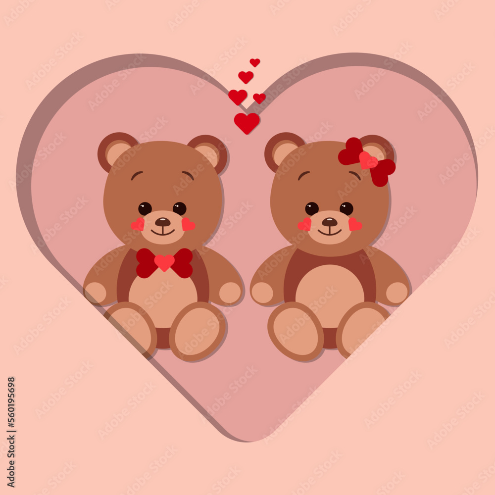A postcard of two teddy bears in love sits on a paper cut big heart. The concept of Valentine Day. Flat vector illustration isolated on a red background A postcard of two teddy bears in love sits on a paper cut big heart. The concept of Valentine Day. Flat vector illustration isolated on a red background