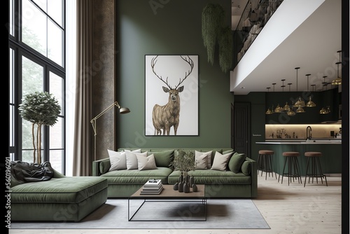 A modern living room, in a minimalist millenium crib, high ceiling and filled with warm green and white colour as the wall blend in with the design of the furniture.	