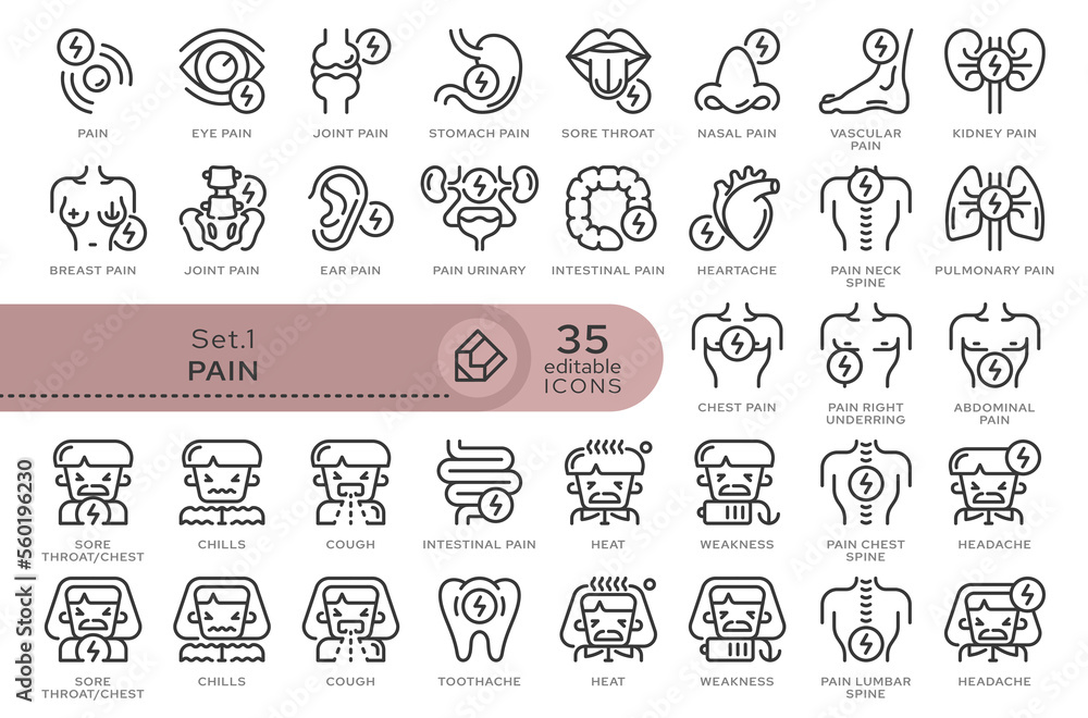 Set of conceptual icons. Vector icons in flat linear style for web sites, applications and other graphic resources. Set from the series - Pain. Editable outline icon.	
