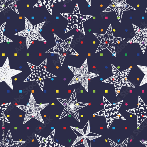 Christmas and New Year's background with stars. Stars - Vector Seamless pattern. Stars with different patterns. Hand drawn doodle Stars.