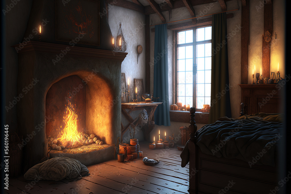 An example of a bedroom in an ancient, medieval home with an open fireplace and a fire in it. Generative AI An example of a bedroom in an ancient, medieval home with an open fireplace and a fire in it. Generative AI
