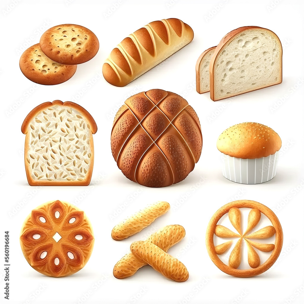 Realistische Bäcker, Bäckerei, Backwaren, Gebäck Icons in 3D - Generative AI - obrazy, fototapety, plakaty 