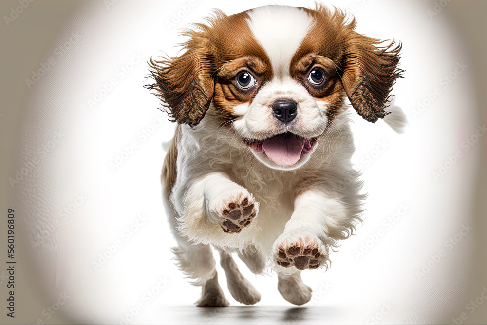 Running. King Charles Spaniel puppy is adorable and charming. adorable canine or animal posing with ball on white. Generative AI