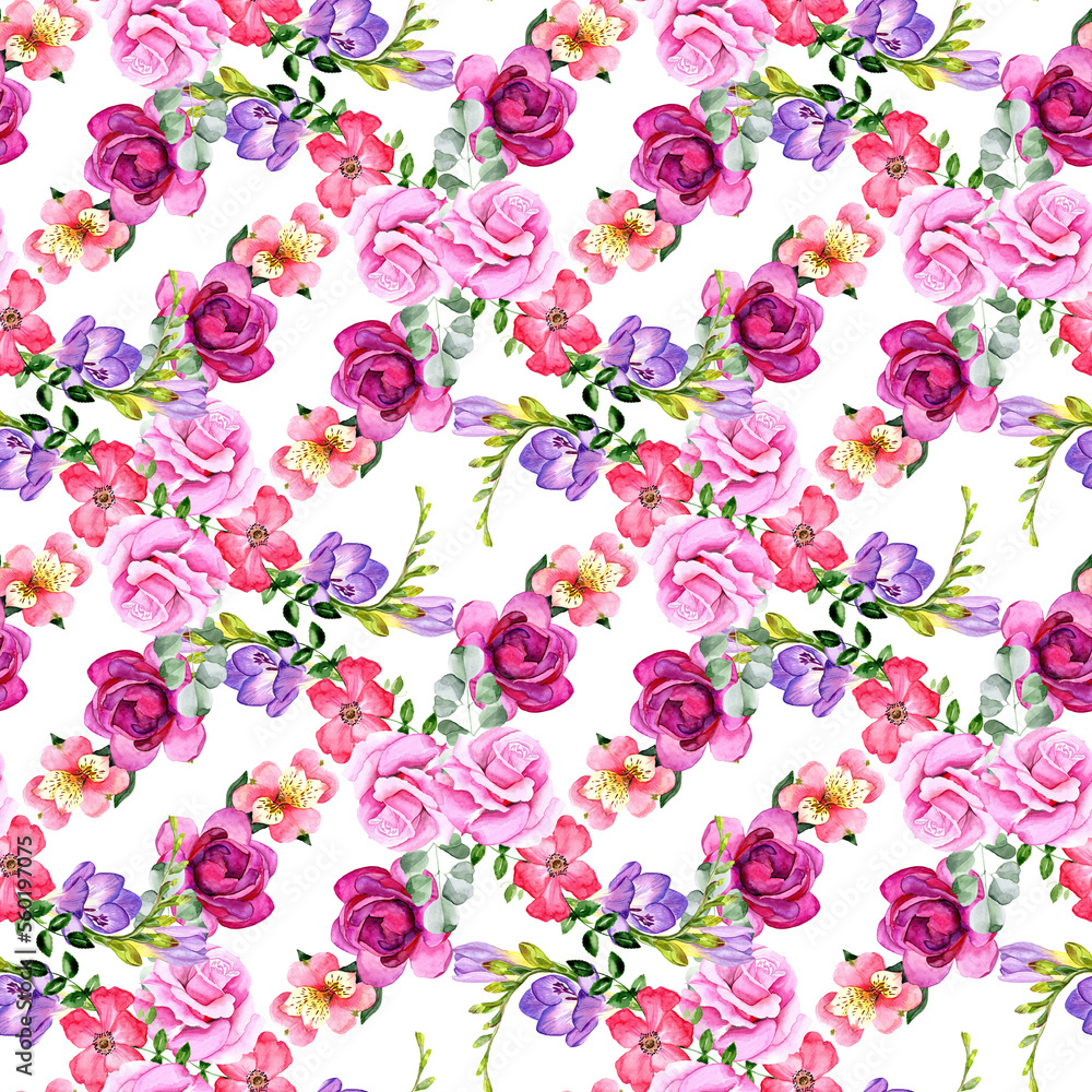 
Watercolor flowers of alstroemeria, crocus, peony, rose and leaves in a seamless pattern. Can be used as fabric, wallpaper, wrap.