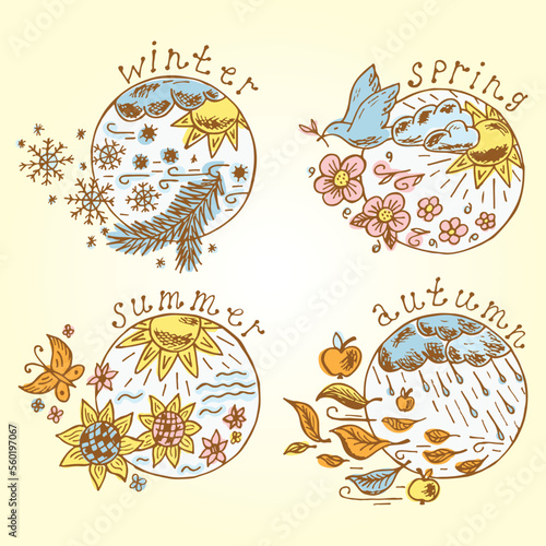 Set of colorful Seasons. Four seasons icons Hand drawn doodles. Times of year. Winter. Spring. Summer. Autumn.